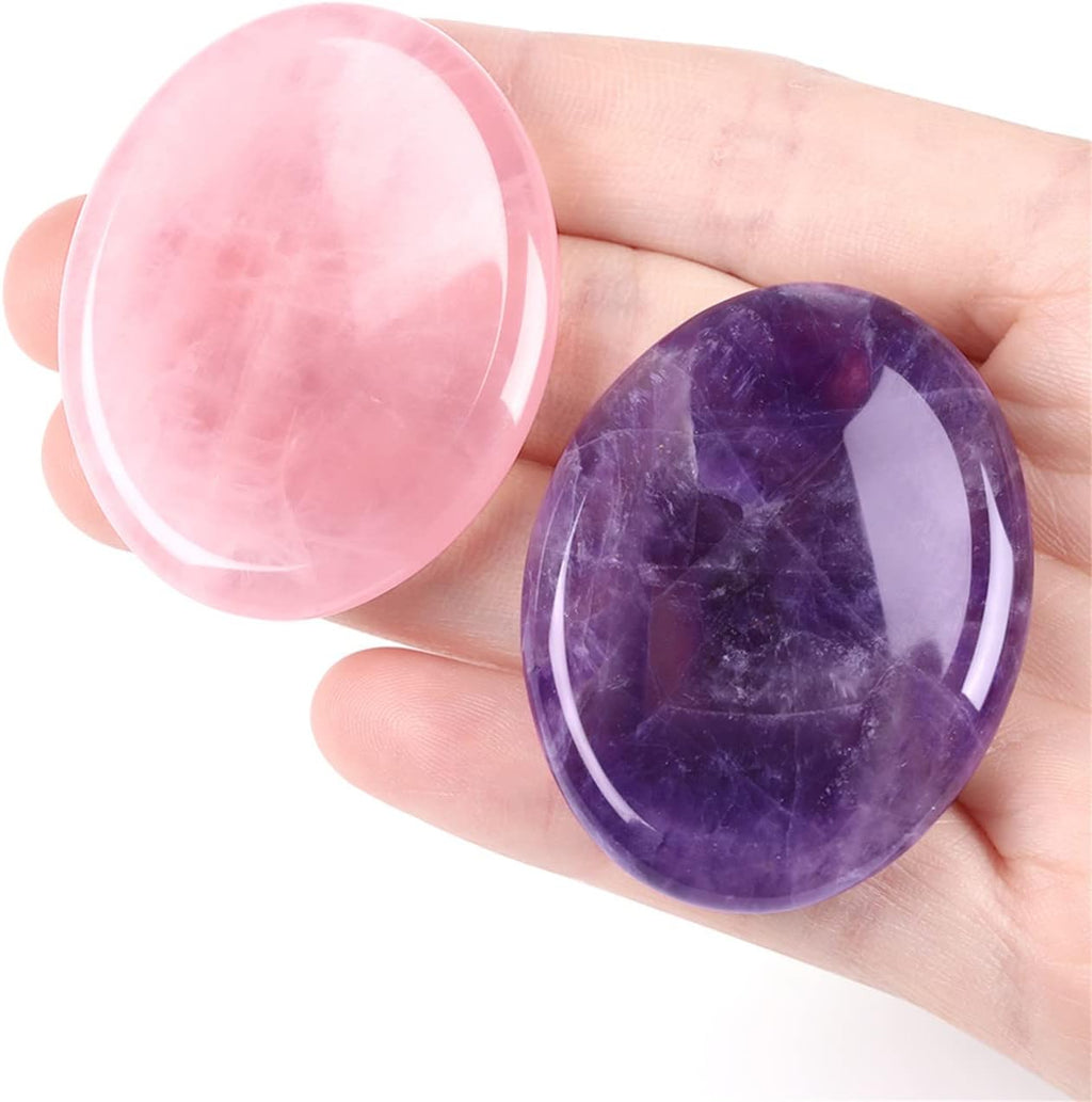 YATOJUZI Thumb Worry Stones for Anxiety Stress Relief Items Healing Crystals Natural Amethyst Rose Quartz Crystal Palm Pocket Stone Gemstones Meditation Reiki Spiritual Gifts for Women Men 2PCS