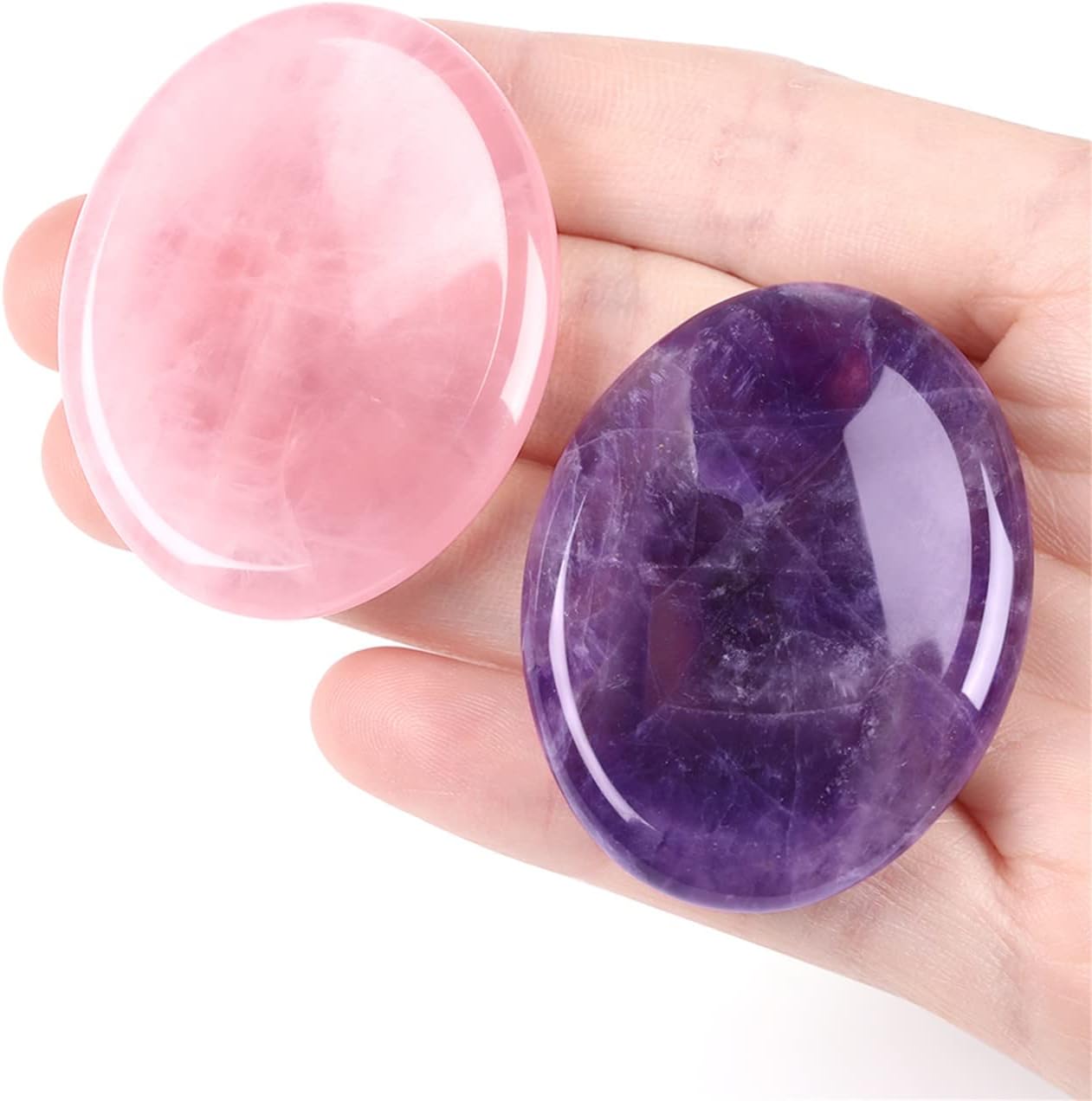 YATOJUZI Thumb Worry Stones for Anxiety Stress Relief Items Healing Crystals Natural Amethyst Rose Quartz Crystal Palm Pocket Stone Gemstones Meditation Reiki Spiritual Gifts for Women Men 2PCS