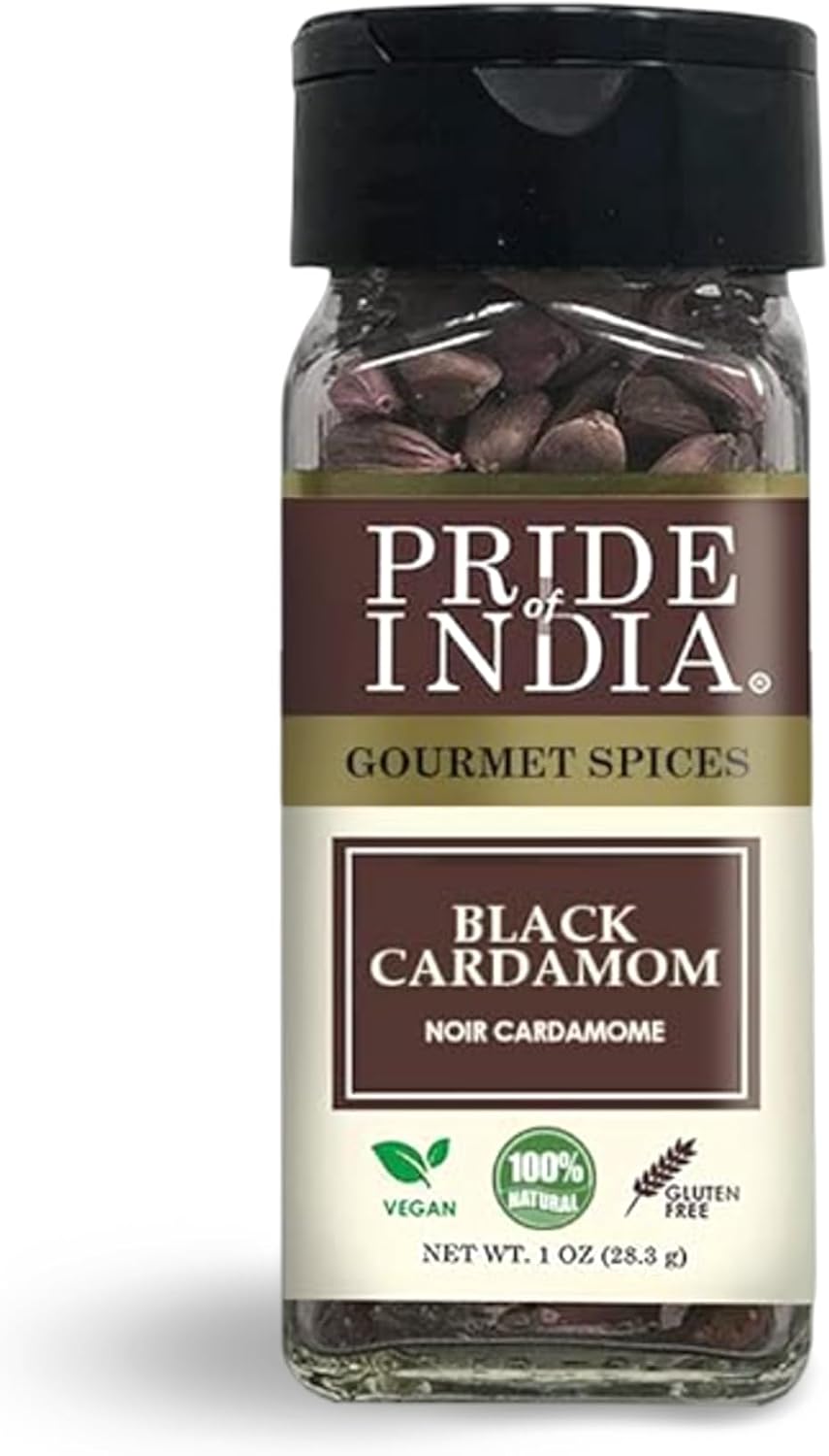 Pride of India – Black Cardamom Whole – Cardamom Pods – Firm & Smoky Flavor – Freshly Dried – Ideal for Indian & Asian Cooking – Easy to Use – 1 oz. Small Dual Sifter Bottle