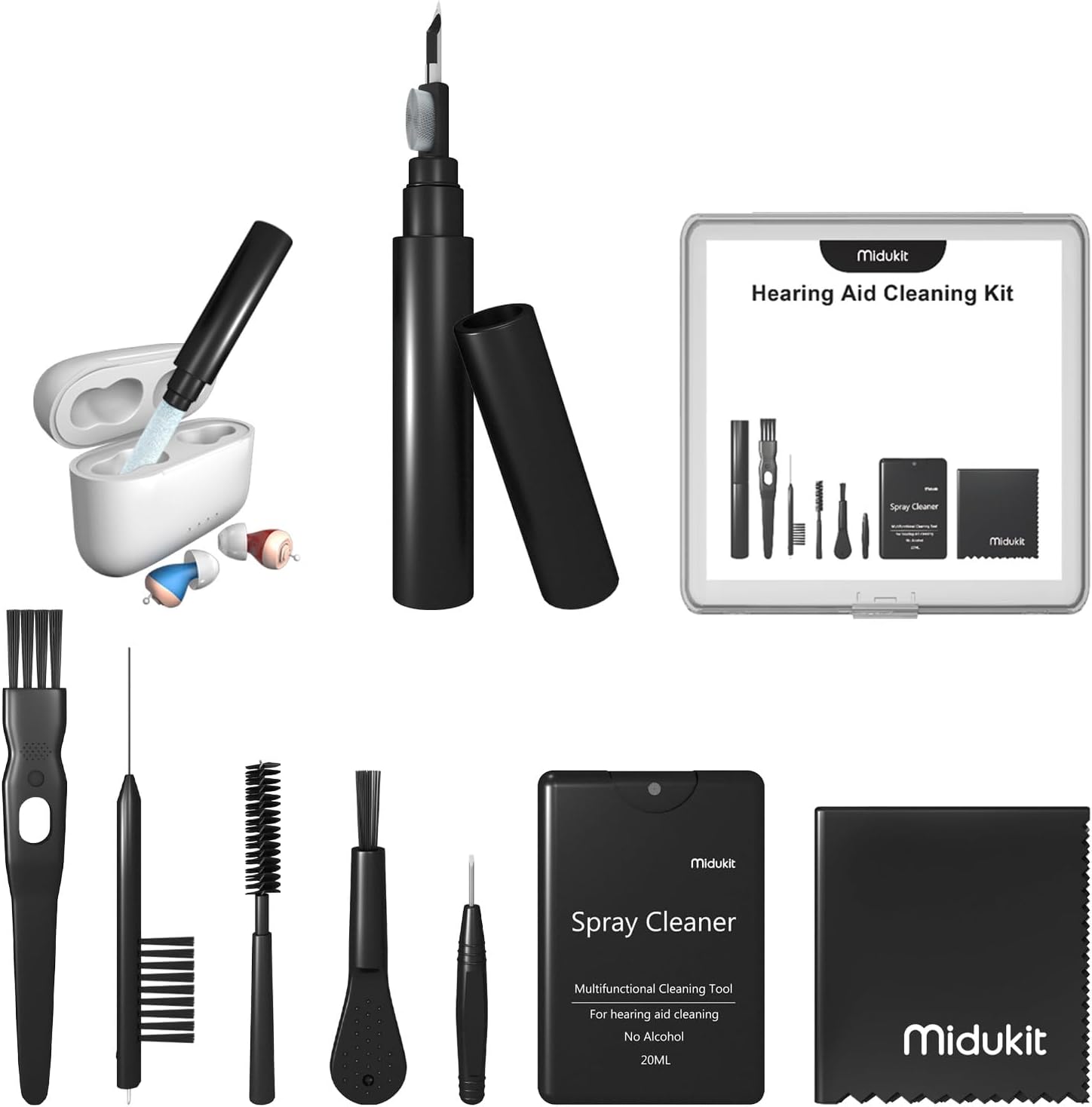 Premium Hearing Aid Cleaning Kit - Compatible with Rechargeable Hearing Aid with Bluetooth, Oticon, Phonak, Hearing Aid Cleaning Tools with Pen, Spray, Brush, Cloth, Hearing Aid Supplies Accessories