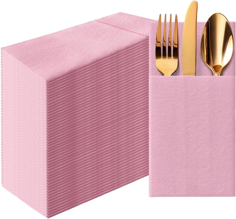 PAW - Baby Pink Linen Feel Napkins with Built-in Flatware Pocket, Airlaid Paper Pre-Folded Napkins for Silverware, Baby Shower, Gender Reveal, Wedding Party, Birthday, Monocolor, 50 Count