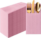 PAW - Baby Pink Linen Feel Napkins with Built-in Flatware Pocket, Airlaid Paper Pre-Folded Napkins for Silverware, Baby Shower, Gender Reveal, Wedding Party, Birthday, Monocolor, 50 Count