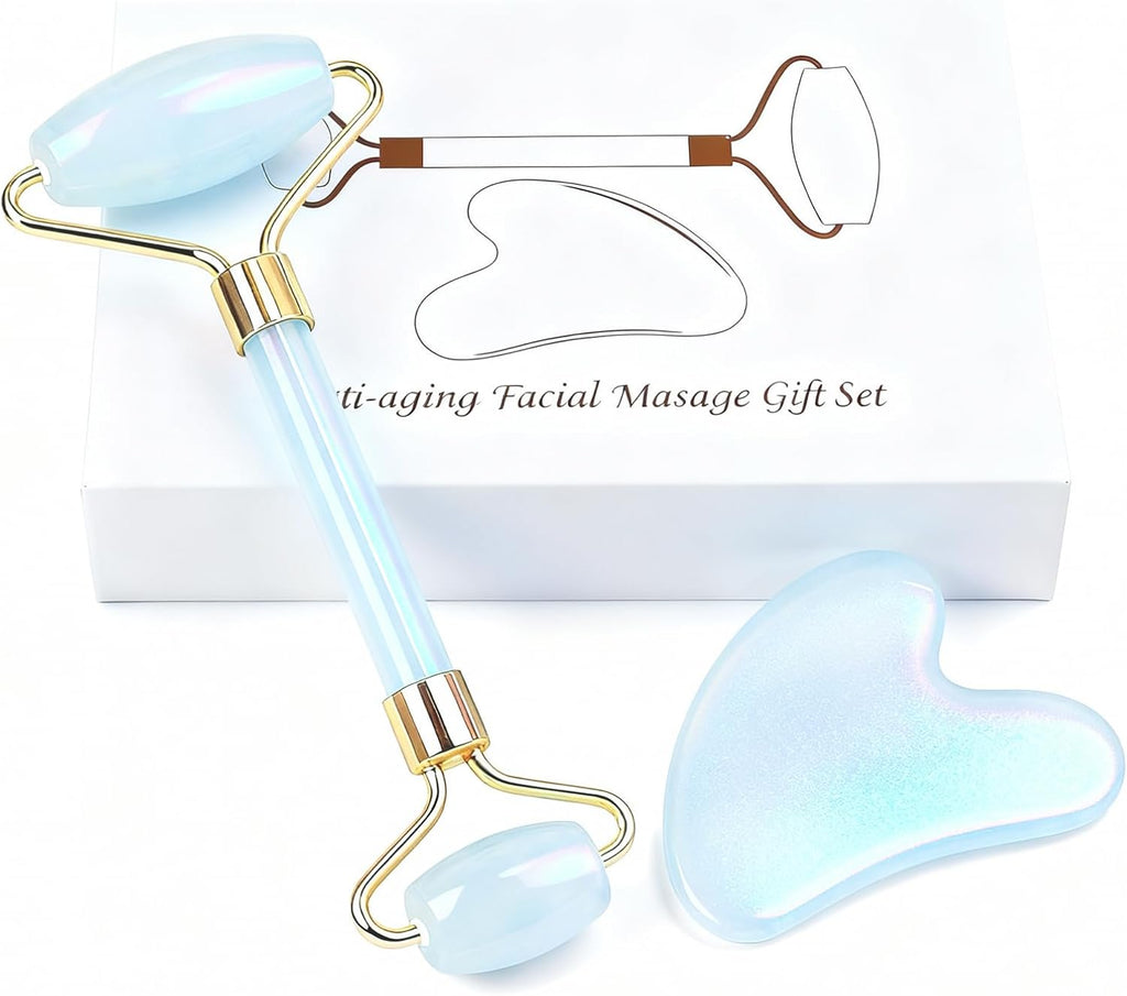 Jade roller and gua sha, facial roller, women's skincare tool, self-care gift, face, eye, neck massager, relieves fine lines and wrinkles, aventurine, opal, rose quartz
