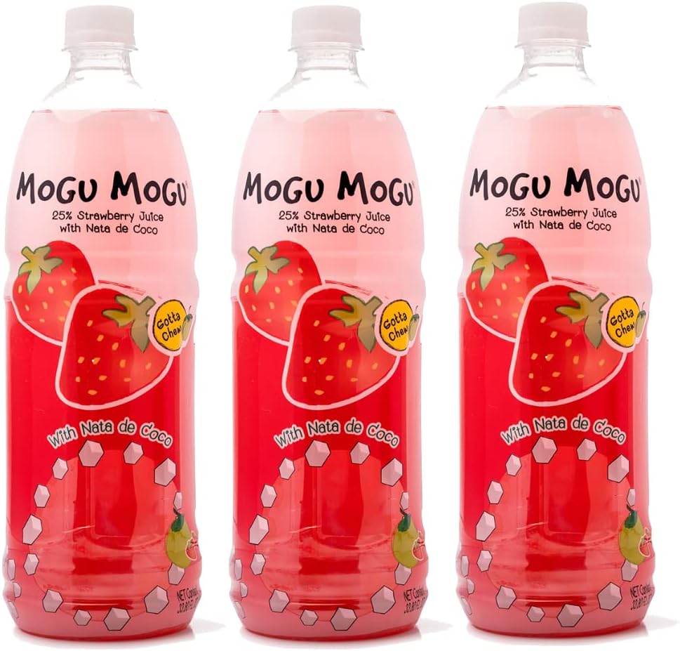 [Pack of 3] [Free Measuring Spoon] Mogu Mogu Juice with Nata De Coco - 33.8 Fl Oz Large Family Size (Strawberry), 320 ml