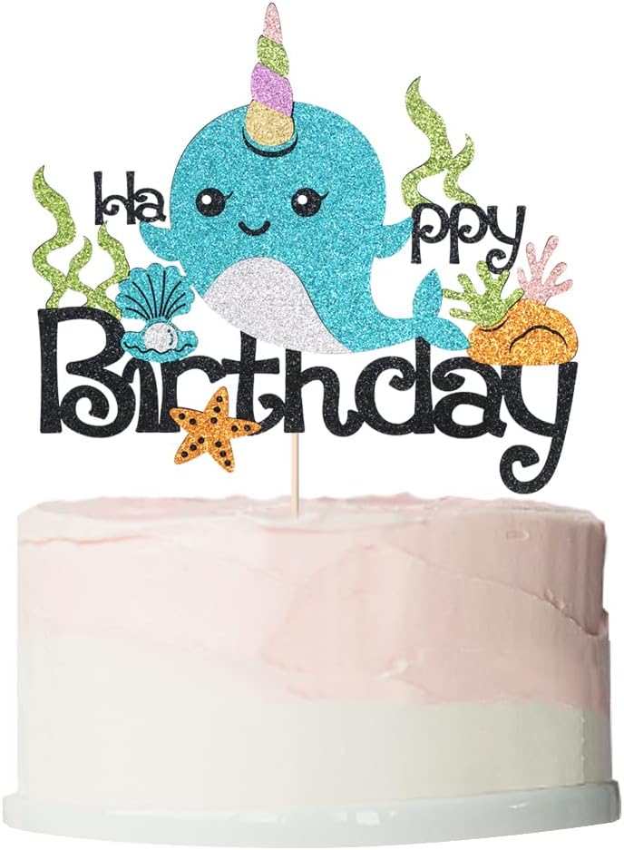 Narwhal Cake Topper, Blue Ocean Themed Birthday Decor, 1 Count