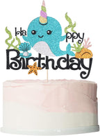 Narwhal Cake Topper, Blue Ocean Themed Birthday Decor, 1 Count