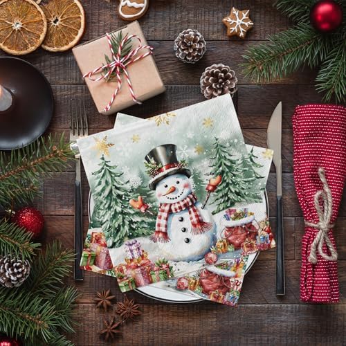 48Pcs Vintage Christmas Napkins -Winter Holiday Retro Forest Snowman Christmas Paper Napkins for Decoupage