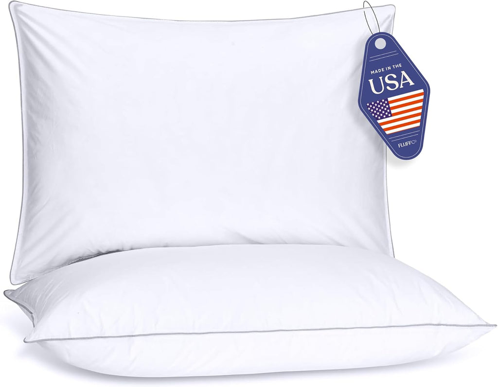 FluffCo Down Alternative Pillows Standard/Queen Size Set of 2 - Queen Bed Pillows for Sleeping - Made in USA - Cooling Surface and Machine Washable for Side, Back, and Stomach Sleepers