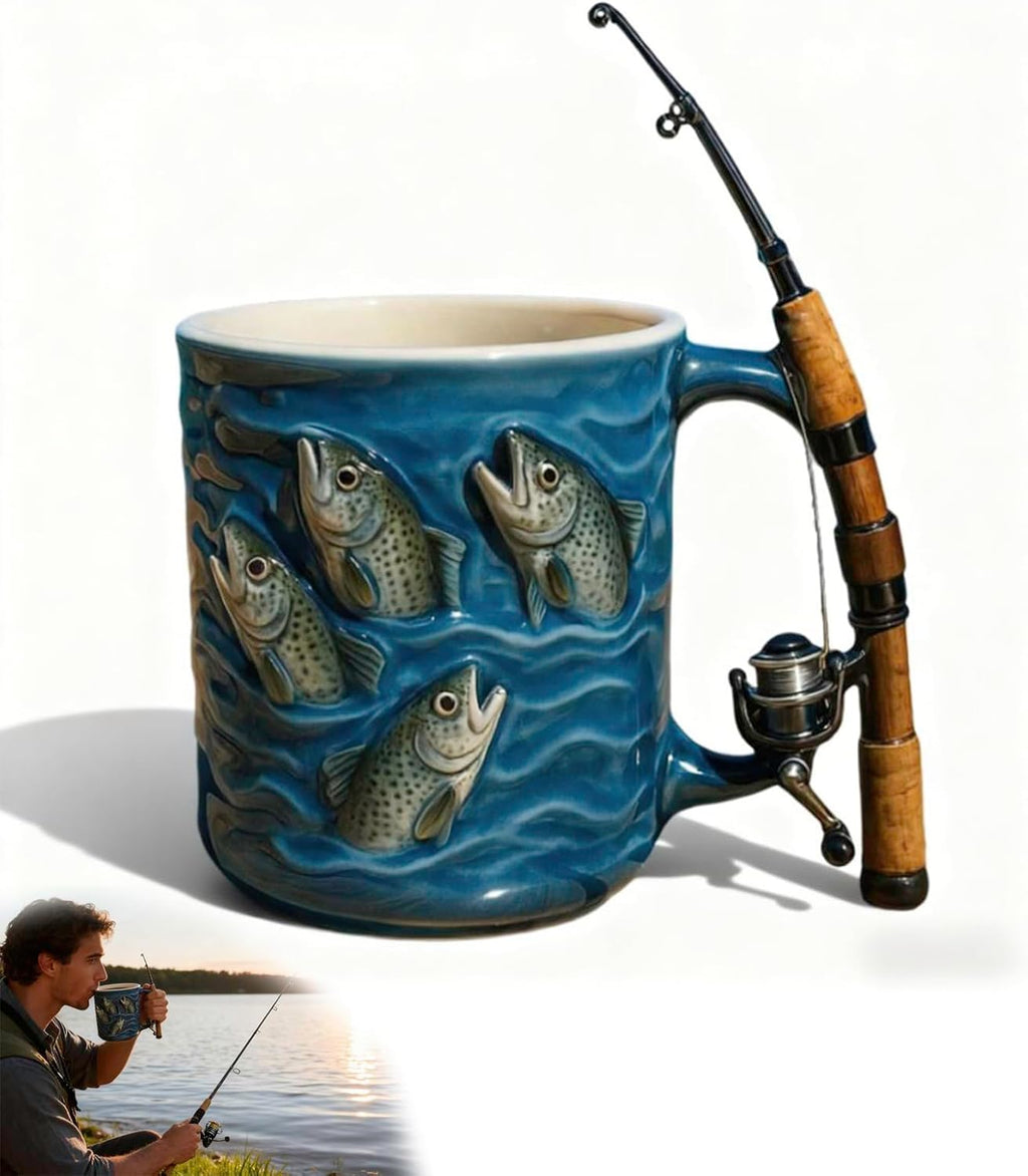 Fishing Mug, Funny Fishing Rod & Reel Design Coffee Mug, Resin Water Cup With Simulated Fishings Line Decoration And Rotating Rod Shaped Handle, Fishings Gift For Men, For Chocolate Tea Wine