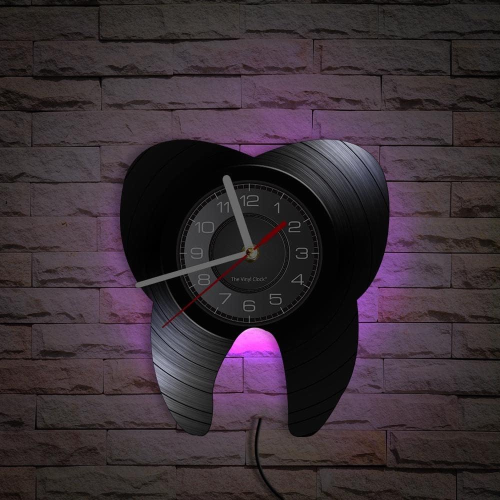 12 Inch Dental Tooth LED Wall Clock with 7 Luminous Modes, Modern Decorative Analog Vinyl Record Wall Clock Silent Quartz Non Ticking for Dental Clinic Office Decor Dentist Doctors Gifts