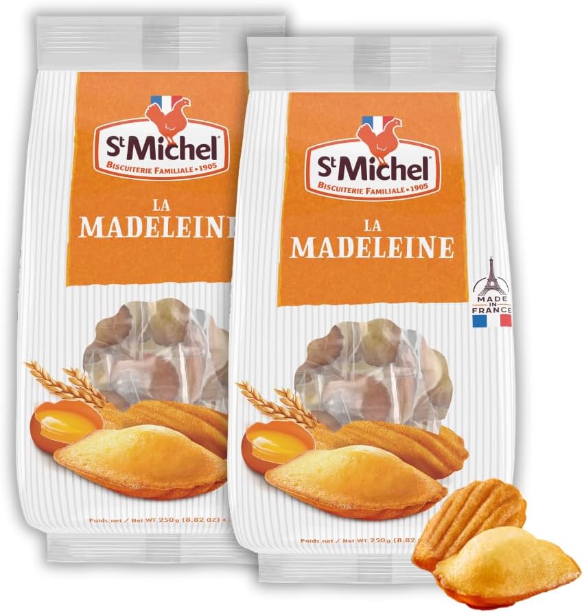 St Michel Traditional Madeleines French Sponge Cakes Made In France, Pack of 2 (250g each) Non-GMO. Total of 20 Individually Wrapped All Butter Traditional Madeleines Sponge Cakes