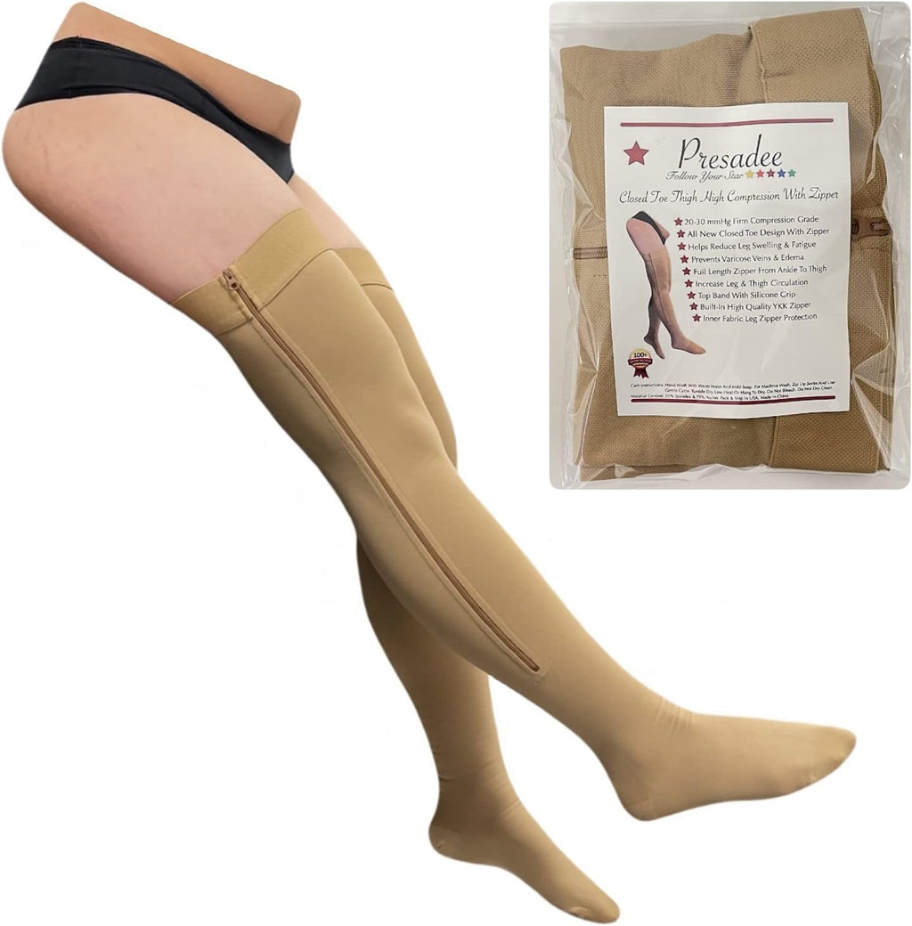 Presadee Closed Toe Thigh High 20-30 mmHg Firm Compression Leg with YKK Zipper (Beige, 0)