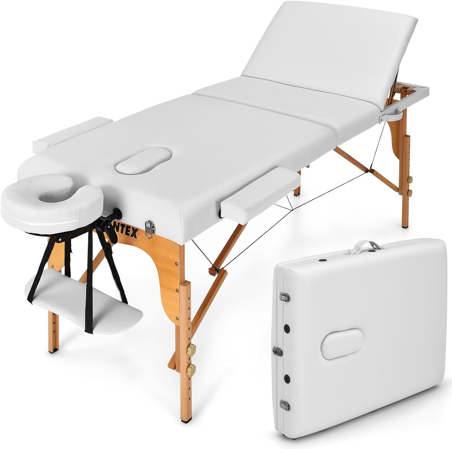 Giantex 84inch Folding Massage Table Lash Bed, Portable 3 Sections Spa Salon Tattoo Bed with Face Cradle Armrests Wooden Legs, Professional Massage Bed Height Adjustable with Carry Case (White)