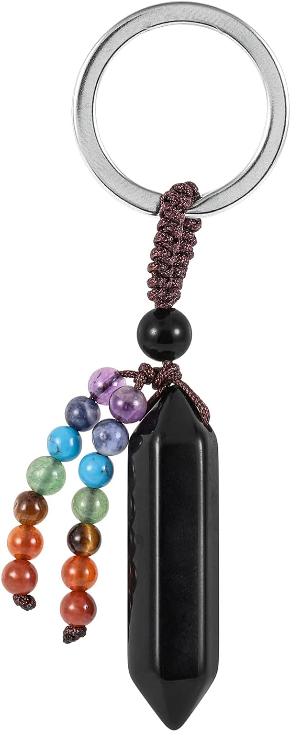moonsix Crystal Hexagon Prism Keychain with 7 Chakra Beads Natural Reiki Healing Stones Keyring Charm Decor for Unisex