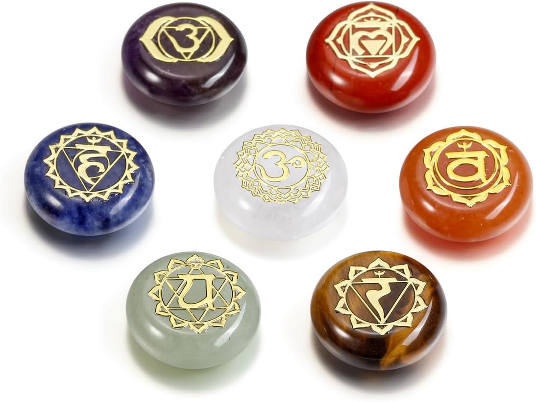GEHECRST Chakra Crystals Stones Set 7 Chakra Healing Energy Crystals Gemstones Reiki Symbol Polished Pocket Palm Stone for Stress Relief Reiki Chakra Balancing Meditation Decoration Crystal Gifts