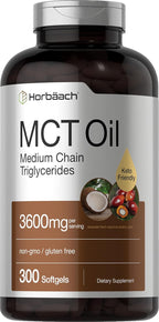 Horbäach MCT Oil Pills | 3600mg | 300 Softgel Capsules | Keto Supplement from Coconut | with Caprylic & Capric Acid | Non-GMO, and Gluten Free