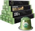 Bologna Organic Italian Espresso for Nespresso | 100 Organic Aluminum Capsules | Eco-Friendly Medium Roast | 100% Nespresso Compatible Pods | Fairtrade Coffee