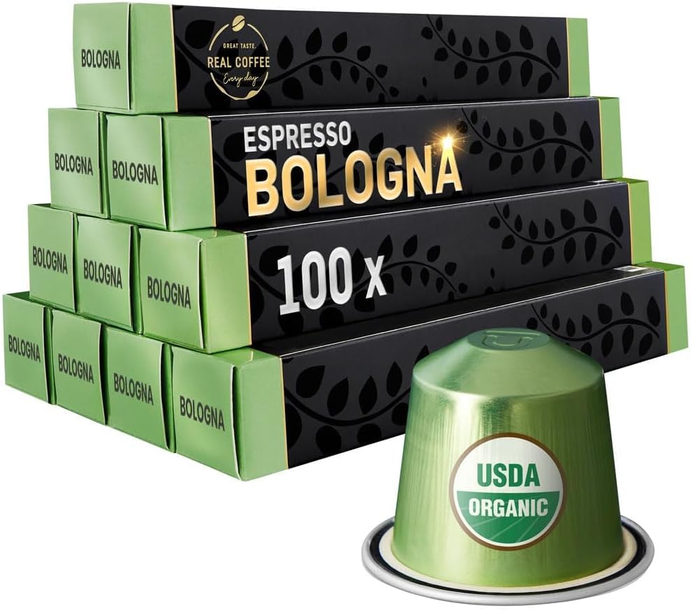 Bologna Organic Italian Espresso for Nespresso | 100 Organic Aluminum Capsules | Eco-Friendly Medium Roast | 100% Nespresso Compatible Pods | Fairtrade Coffee
