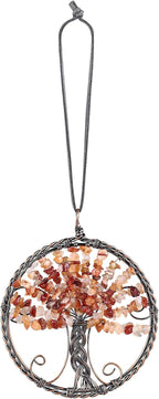 Nupuyai Reiki Healing Crystal Tree of Life Hanging Ornament Circular Handmade Copper Wire Energy Crystal Stone Decor for Home/Car/Wall, Carnelian