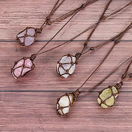 Natural Stone Crystal Necklace Quartz Raw Net Pocket Pendant Necklace Healing Stone Reiki Hangings Craft with Weave Rope (Color : 1-White Crystal)