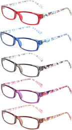 Kerecsen Reading Glasses 5 Pairs Fashion Ladies Readers Spring Hinge with Pattern Print Eyeglasses for Women (Multicolor, 1.75, x)