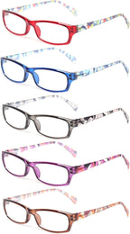 Kerecsen Reading Glasses 5 Pairs Fashion Ladies Readers Spring Hinge with Pattern Print Eyeglasses for Women (Multicolor, 1.25, x)