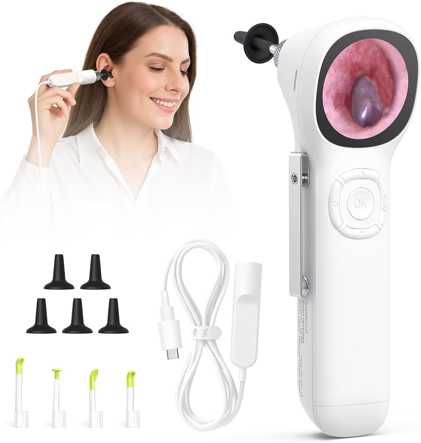 ScopeAround Otoscope with Light, 1.45" IPS Display Digital Otoscope, 3.9mm Ear Camera with Ear Wax Removal Tools, Ear Scope with Extention Cable, 6 LED Lights, Capture Photos Videos, White