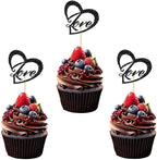 28Pcs Love Heart Cupcake Toppers Black Glitter Love Heart Wedding Ring for Marriage Engagement Anniversary Bridal Shower Valentines Birthday Party Cake Decorations Supplies