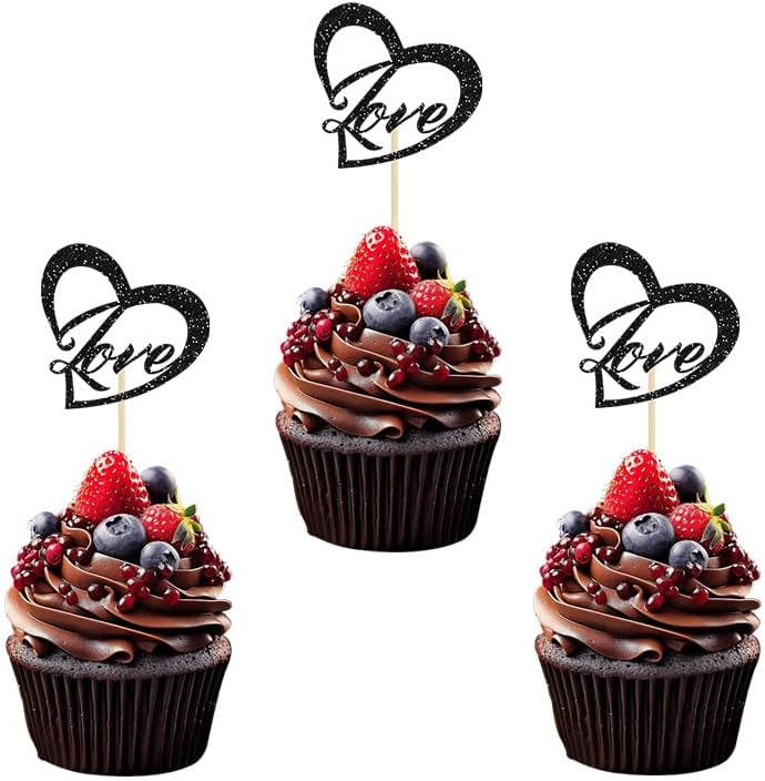 28Pcs Love Heart Cupcake Toppers Black Glitter Love Heart Wedding Ring for Marriage Engagement Anniversary Bridal Shower Valentines Birthday Party Cake Decorations Supplies