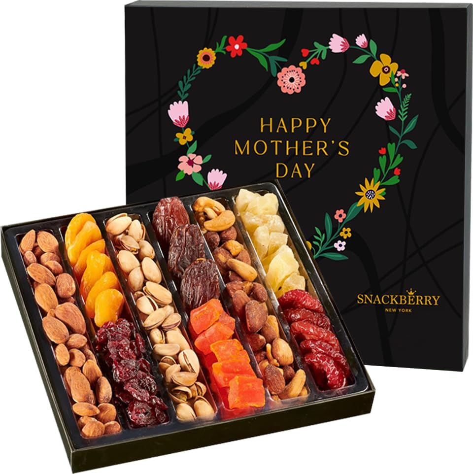 Mothers Day Dried Fruit & Mixed Nuts Mothers Day Gift Basket Easter Arrangement Platter, Gourmet Food Bouquet Birthday Care Package, Healthy Kosher Snack Box - Her Him - Snackberry (9 Variety)