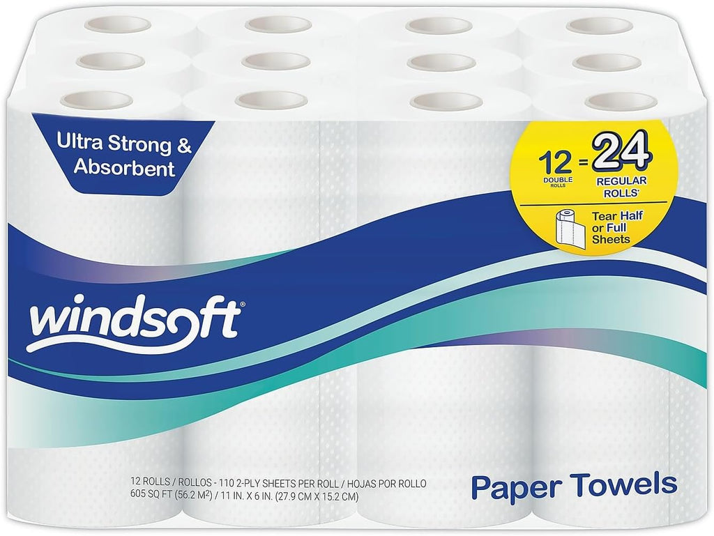 Windsoft Premium Paper Towels, 12-Pack, 110 Sheets Per Roll, Double Rolls, Perforated Full & Half Sheets, 2-Ply White Kitchen Towels, Embossed and For Enhanced Absorbency
