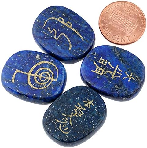 mookaitedecor 4 Piece Lapis Lazuli Stones Engraved Chakra Symbols Polished Palm Stones for Reiki Crystal Healing