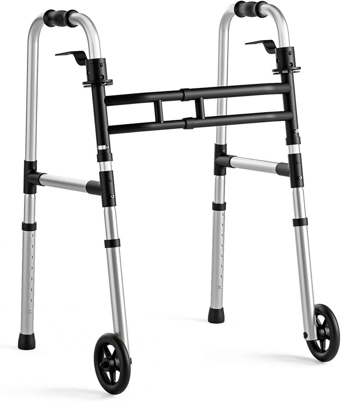 Loyoda Walkers for Seniors Foldable, Aluminum Lightweight Walker with Wheels, Adjustable Height & Width Standard Walkers for Elderly & Disabled, 350 lbs Capacity, Silver