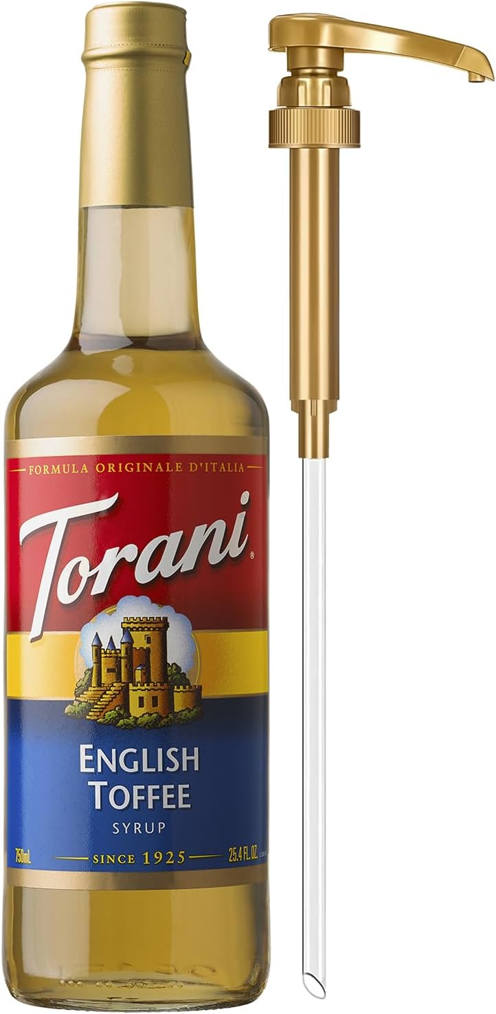 Torani Coffee Syrup, English Toffee Flavored Syrup for Drinks, Glass Bottle with Pump Included, 25.4 Fl Oz