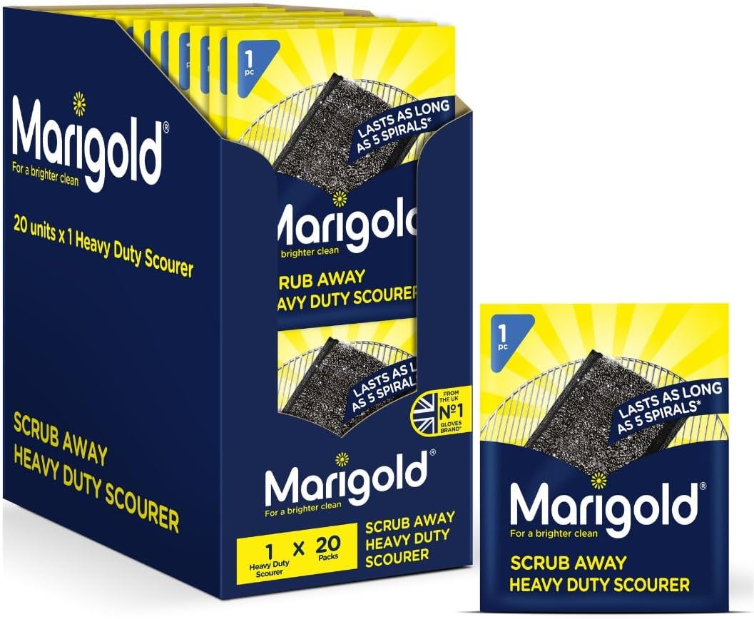 Marigold Scrub Away Stainless Steel Scourers - 20 Single Packs of Scouring Pads - Heavy Duty Non Scratch Metal Scourer - Easy to Clean - Tackles Tough and Burnt on Food