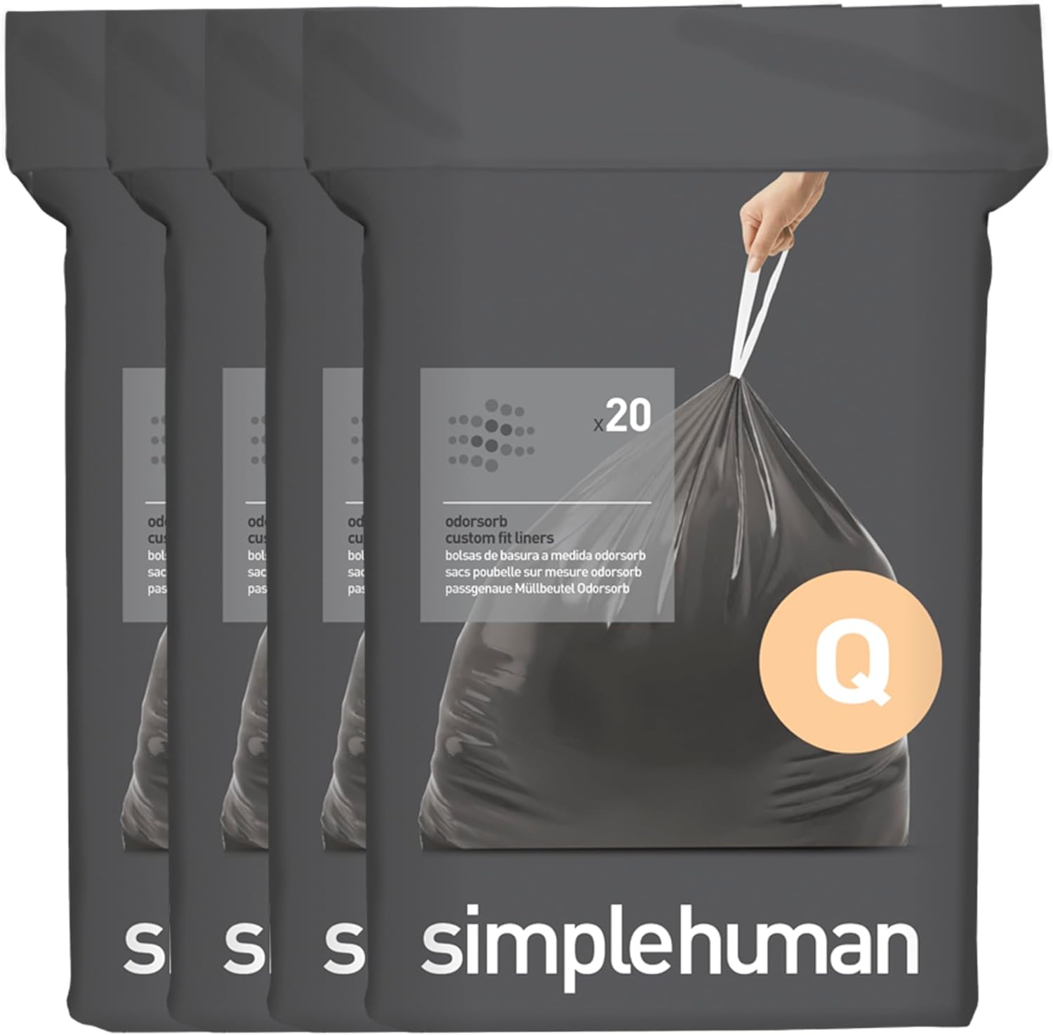 simplehuman Code Q 80 Count, Genuine Odorsorb Custom Fit Liners, Drawstring Odor Absorbing Trash Bags in Dispenser Packs, 50-65 Liter / 13-17 Gallon