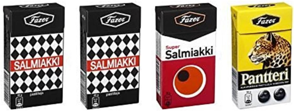 4 Boxes X 38g of Fazer Super Salmiakki Mix ((2) salmiakki - (1) super salmiakki - (1) pantteri) Original Finnish Salty Licorice Liquorice Salmiac Pastilles Lozenges Dragees Drops Sweets Candy