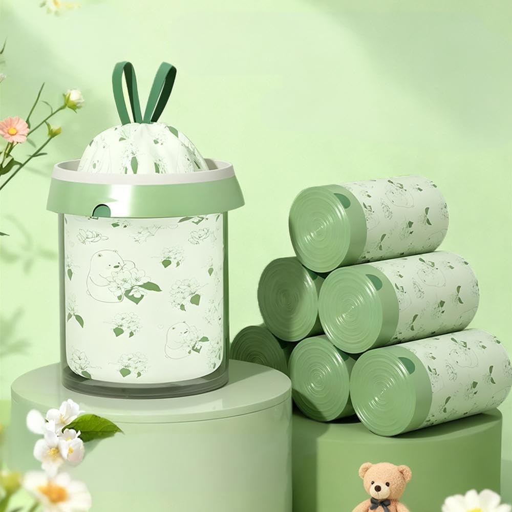 100 Count Drawstring Garbage Bags Per Roll, Extra-Strong Unscented Thicken Green Trash Bags with Teddy Bear Pattern, Disposable Leak Proof Easy-Dispense Roll for Kitchen Household Use