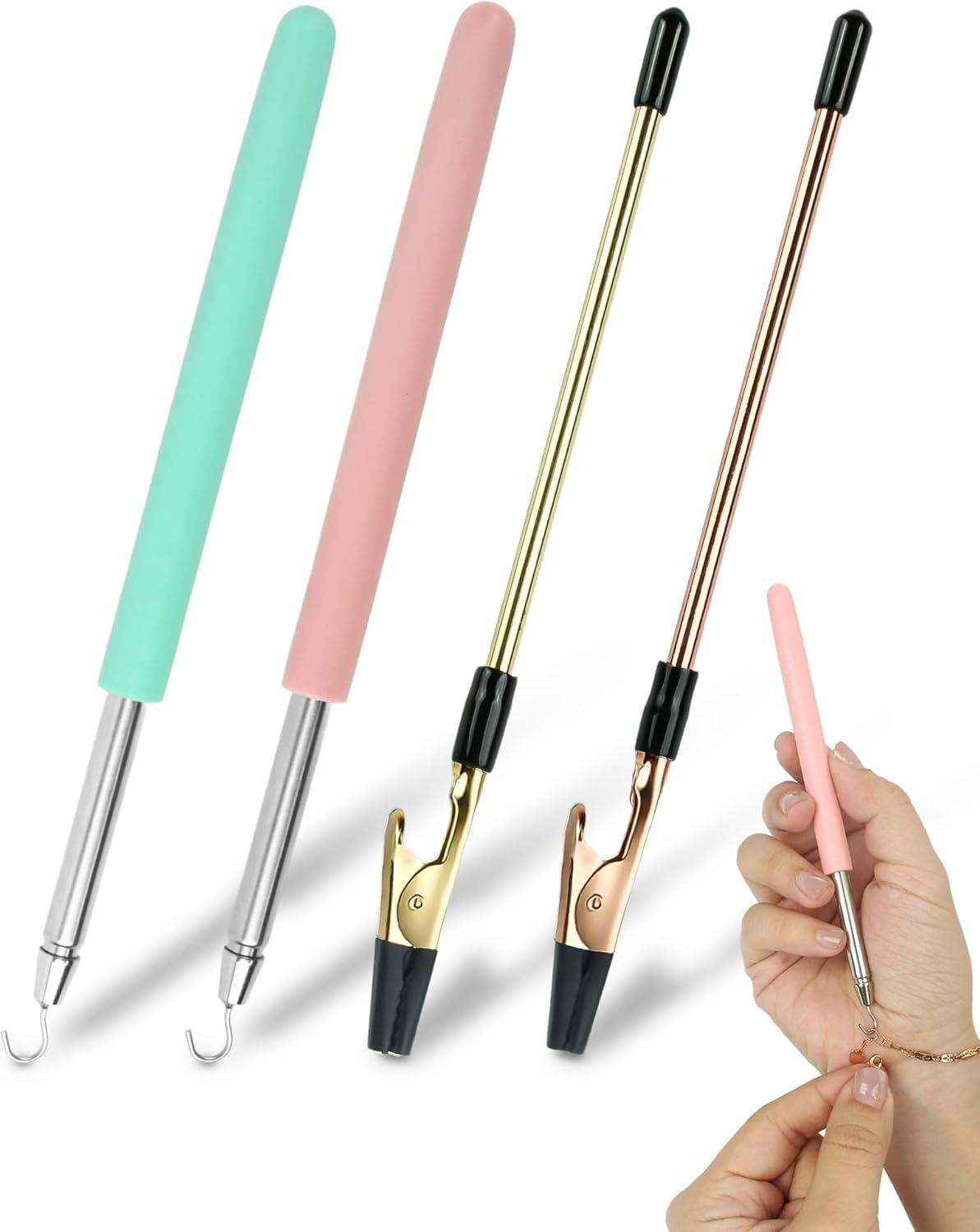 4 PCS Bracelet Helper Tool, Quick Release Fastener Helpers Tool Hooks for Necklace, Jewelry, Watch, Portable Bracelet Assistance Tool to Put on Yourself, Clip, Clasp Helper with Non-Slip Rubber Tips.