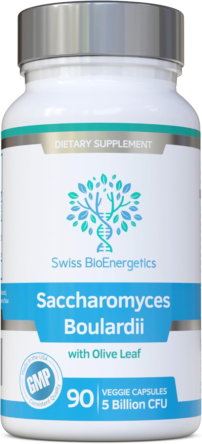 Swiss BioEnergetics Saccharomyces Boulardii 5 Billion CFU 90 Capsules - No Refrigeration Required - High Strength Non-Colonising Yeast with synergistic Olive Leaf, Biotin and Vitamin D3