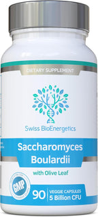 Swiss BioEnergetics Saccharomyces Boulardii 5 Billion CFU 90 Capsules - No Refrigeration Required - High Strength Non-Colonising Yeast with synergistic Olive Leaf, Biotin and Vitamin D3