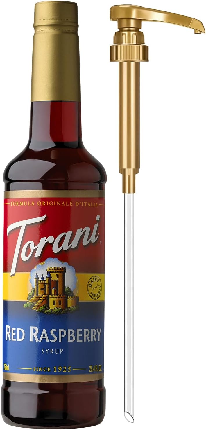 Torani Red Raspberry Syrup for Drinks, Flavoring for Iced Tea, Sodas, Cocktails, and Milk Shakes, Pump Included, 25.4 Oz