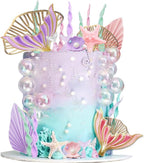 Mermaid Cake Topper Big Mermaid Tails Seaweed Bubbles Shells and Golden Ginkgo Leaves Cake Set for Mermaid Under the sea Cake Decor