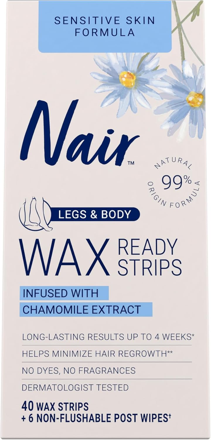 Nair Sensitive Hair Remover Mess-Free Wax Ready Strips, Legs and Body Easy Hair Removal Wax Strips for Sensitive Skin, Chamomile Extract, Dermatologist Tested, Plus 6 Post Wipes, 40 Count