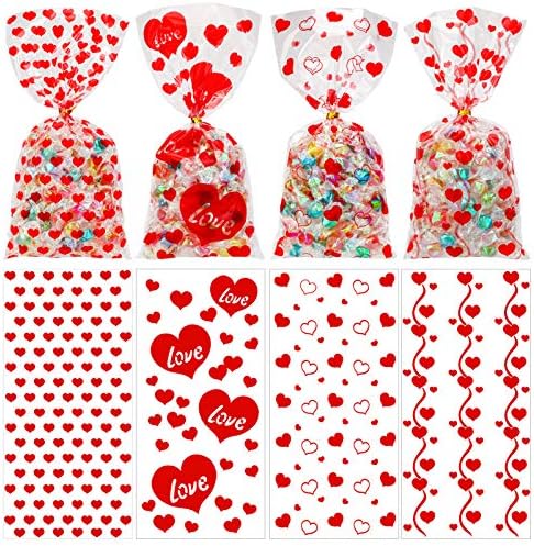 Konsait 100pcs Valentines Cellophane Bags, Clear Candy Cookie Treat Bags with Twist Ties for Bakery Biscuit Chocolate Snacks,Holiday Goody Bags, Valentines Party Favors Supplies