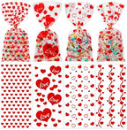 Konsait 100pcs Valentines Cellophane Bags, Clear Candy Cookie Treat Bags with Twist Ties for Bakery Biscuit Chocolate Snacks,Holiday Goody Bags, Valentines Party Favors Supplies