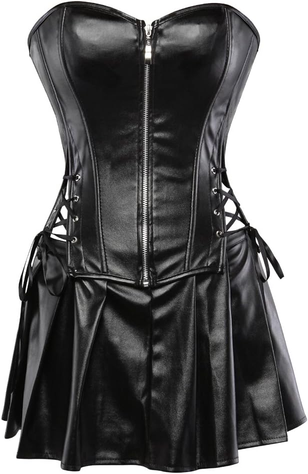 Kranchungel Leather Corset Tops for Women: Punk Rock Steampunk Corset with Skirt Sexy Halloween Costume Woman for Party-goers