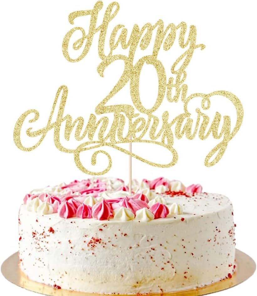 golden Glitter Happy 20th Anniversary Cake Topper - for Wedding Anniversary/Company Anniversary Party / 20th Birthday Party Decorations