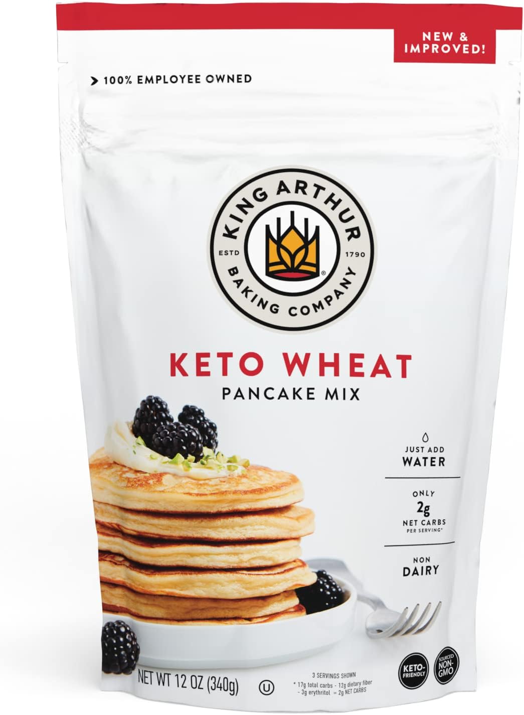 King Arthur Keto Wheat Pancake Mix: Low Carb, High Protein Breakfast Solution - Just Add Water for Fluffy Pancakes or Waffles - Non-GMO, Kosher Certified, 12 oz Pouch