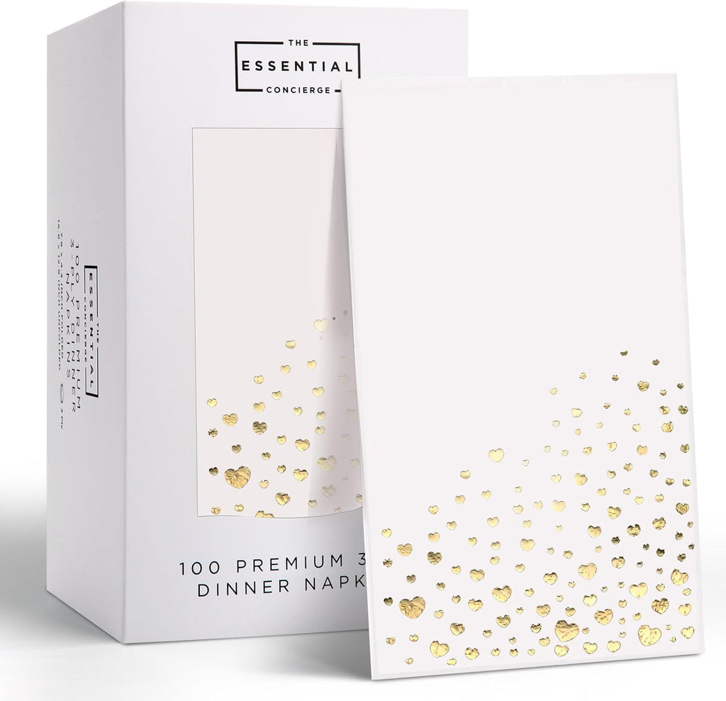 Stylish Gold Dinner Napkins, Disposable White and Gold Napkins, 100 Heart Napkins, 7.5 x 4.25 Inch Wedding Napkins for Reception, 3-Ply Gold Paper Dinner Napkins for Wedding Reception